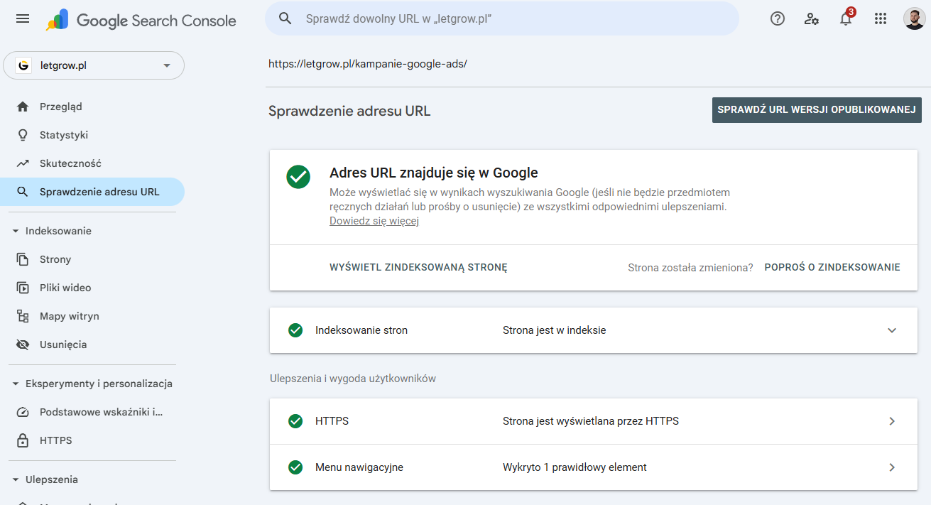 Zrzut ekranu z Google Search Console, prośba o ponowne zaindeksowanie strony